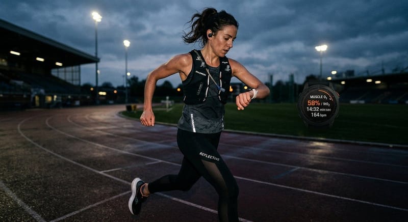Female athlete checking real-time muscle oxygenation and heart rate metrics during track running.
