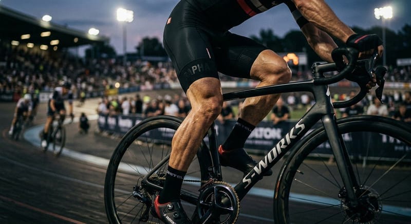 Close-up of a track cyclist pedalling intensely on an S-Works road bike.