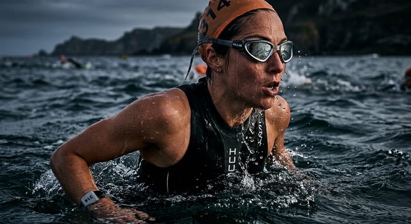 Female open water triathlete wearing high-frame goggles and wetsuit in choppy sea.