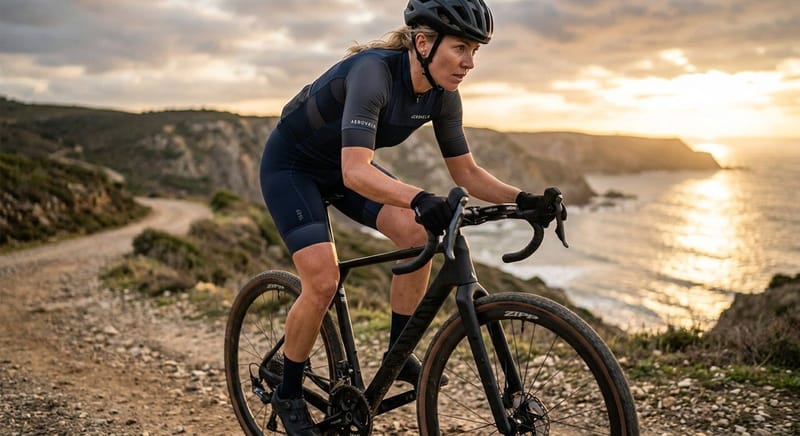 Female cyclist riding a gravel bike along a scenic coastal trail at golden hour.