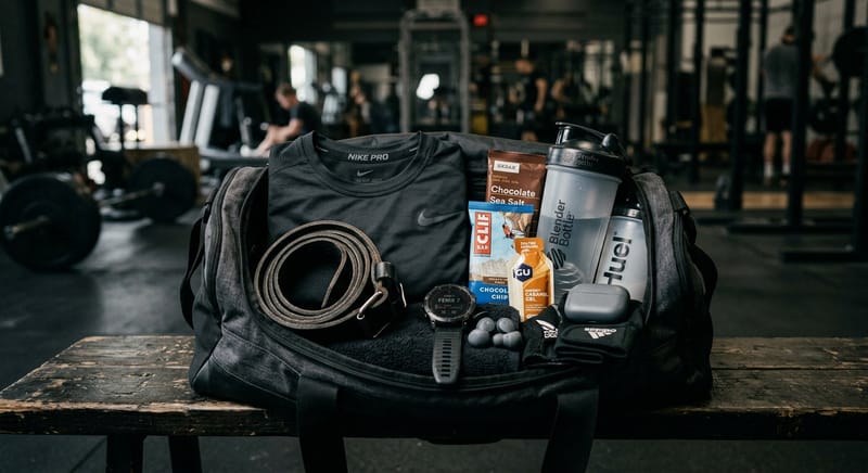 Gym bag packed with intra-session nutrition energy gels bars and hydration shaker for training.