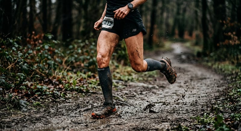 Mud-splattered endurance runner pacing through wet woodland trails during a long-distance race.