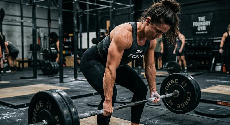 Female athlete performing a heavy barbell lift during a hybrid strength and conditioning workout.