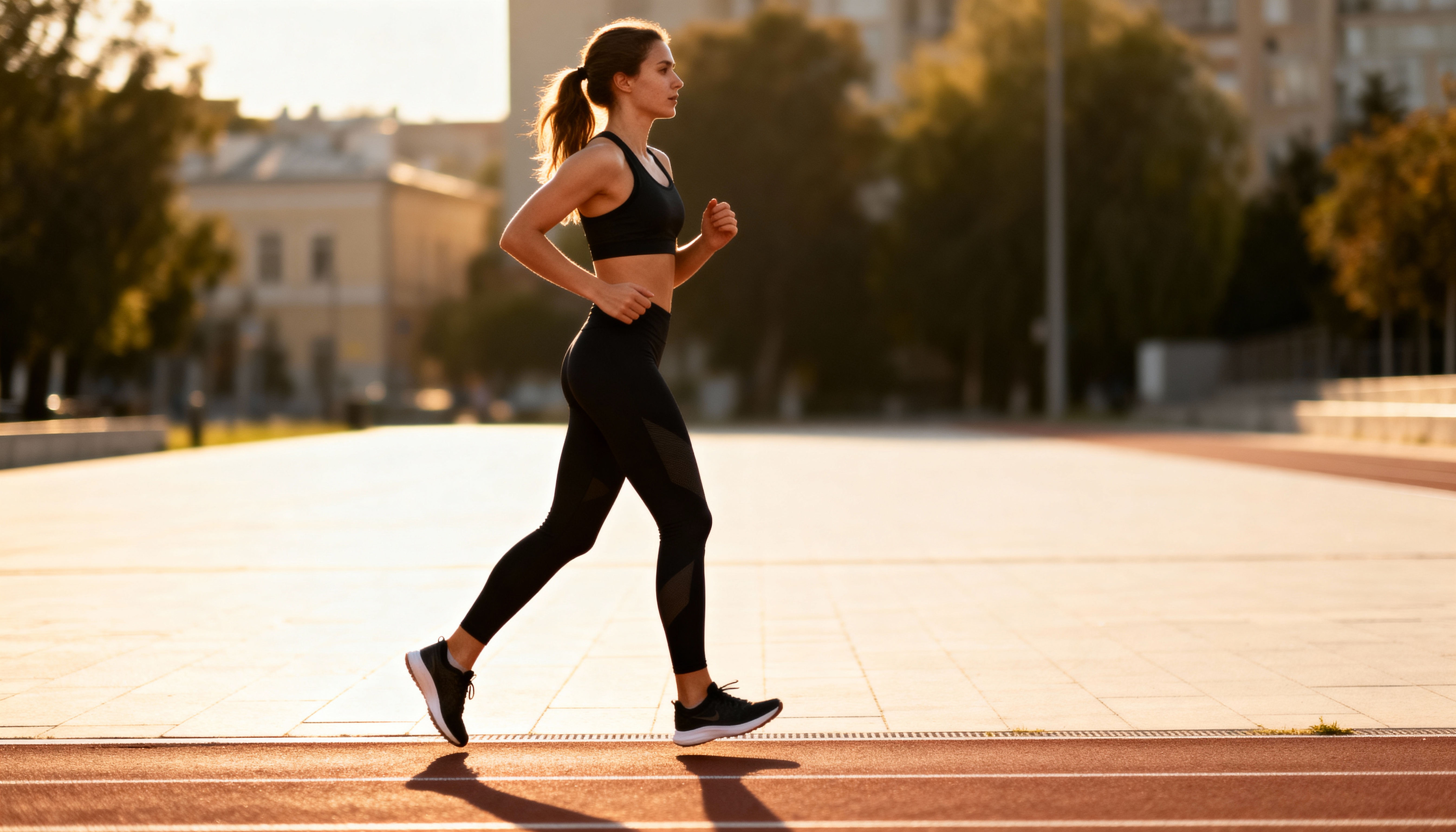Runner training on an outdoor running track during an evening endurance workout