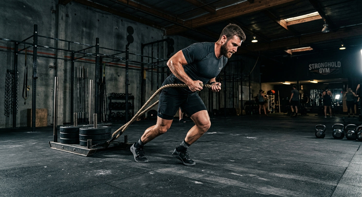 Male HYROX athlete performing a heavy rope sled pull workout in a fitness gym.