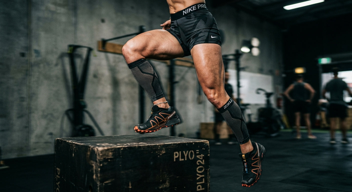 Master athlete performing explosive plyometric box jumps for endurance strength and bone density.