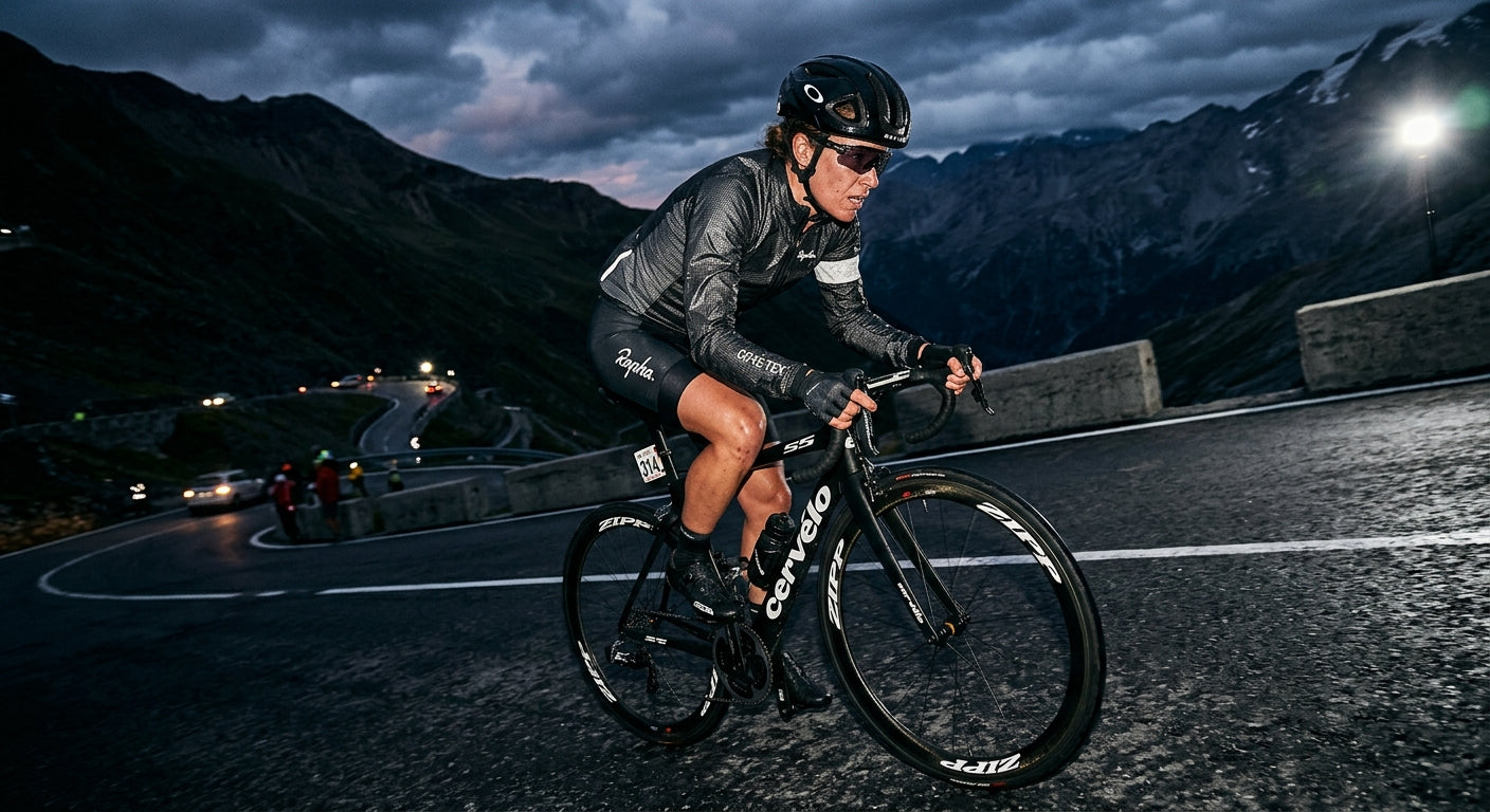 Cyclist tackling a steep high-altitude mountain ascent during an endurance road cycling event.