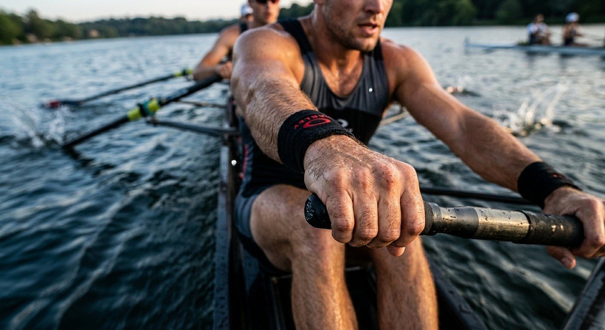 Competitive rowers pulling oars through water during an intense outdoor endurance training session.