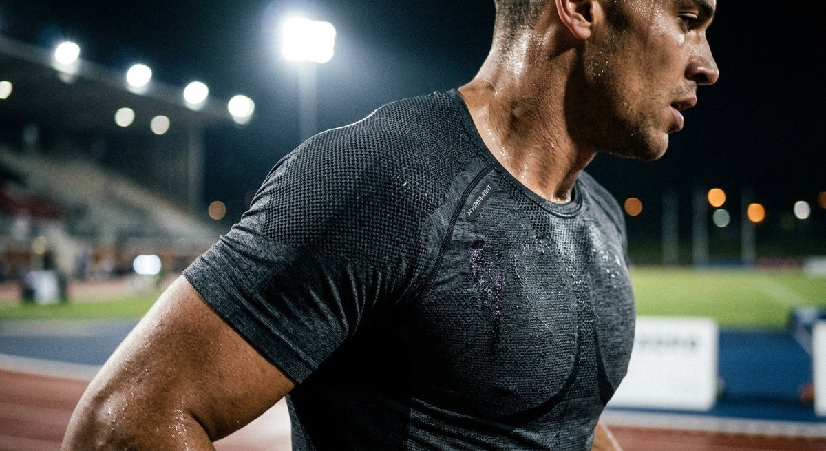 Sweating male athlete training intensely under floodlights wearing technical seamless moisture-wicking sportswear.