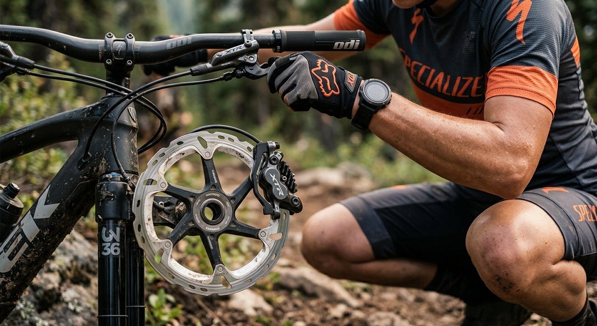 Cyclist inspecting a mountain bike hydraulic disc brake rotor and caliper on a trail.